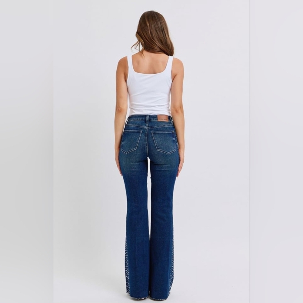 Judy Blue High Rise Dark Wash Rhinestone Side Panel Flare Jeans Raw Hem 9/29 NEW - Picture 10 of 14